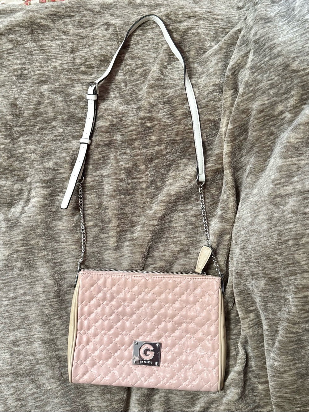 GUESS Pink Vintage Quilted Crossbody Bag with Cheetah Print Fabric